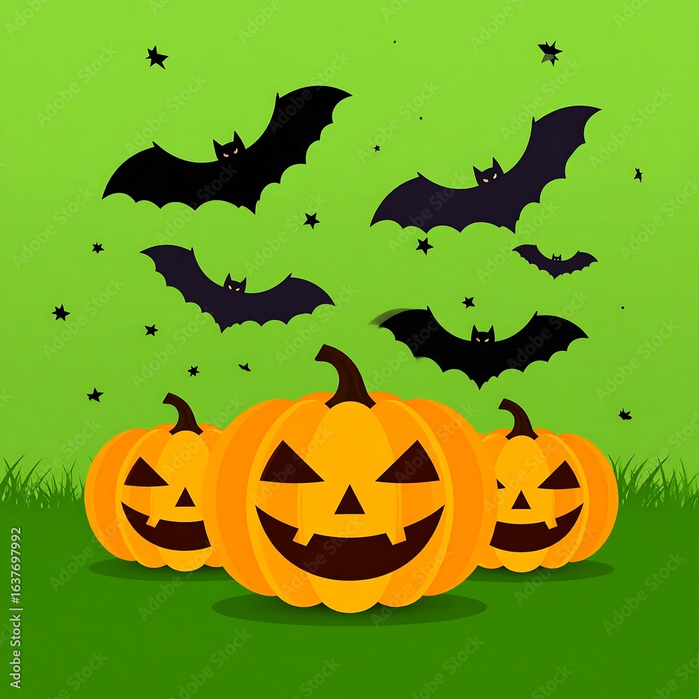 Naklejka premium Three jack-o'-lanterns sit on grass with bats flying above