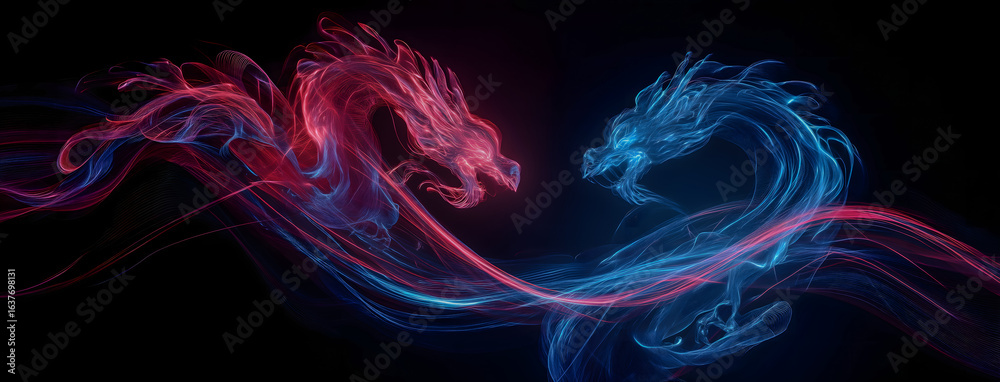 Fototapeta premium Neon Energy Dragons Facing Each Other – Generative AI