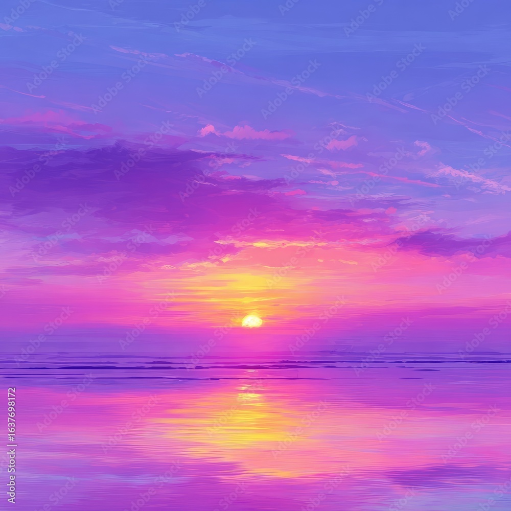 Obraz premium Vibrant sunset over a calm sea, painted in purples and pinks