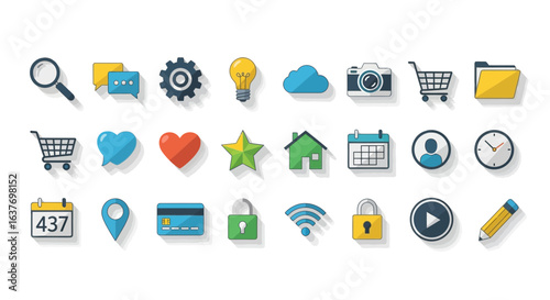 Modern flat design vector icon set with long shadow effect, perfect for user interface and graphic design.