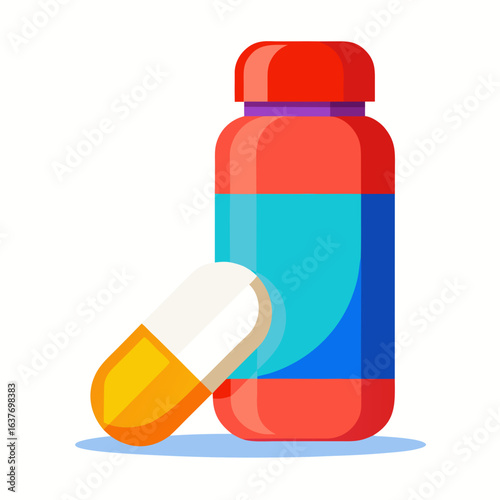 Modern Medicine Bottle and Capsule Pill Vector on White Background