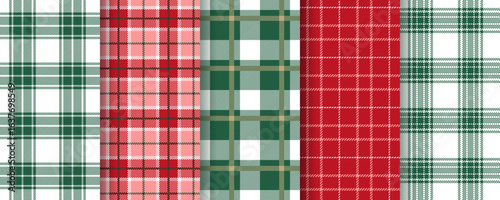 Plaid check pattern. Christmas seamless background. Set red green prints. Tartan fabric cloth. Gingham shirt backdrops. Vichy flannel texture. Geometric lumberjack tablecloth. Vector illustration
