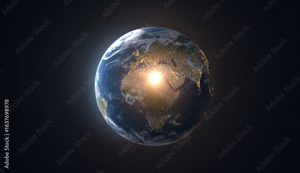 Fototapeta premium Earth, centered in space, bathed in sunlight