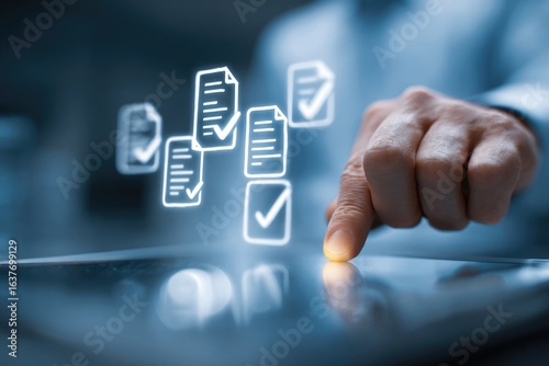 Hand interacting with digital document icons