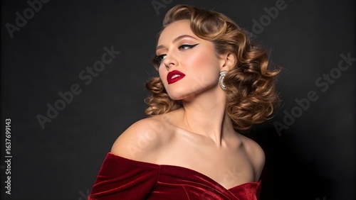 Portrait of a woman with vintage hairstyle and makeup, wearing a red velvet dress, posing against a dark background.