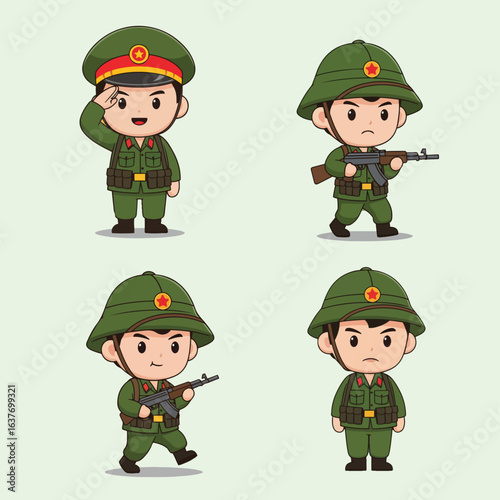 Cute Cartoon Soldiers Military Uniforms and Weapons