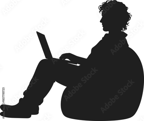 Silhouette, person, laptop, bean bag, sitting, relaxed, casual, tech, vector, black, remote, work