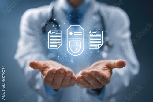 Doctor's hands hold a holographic medical record shield