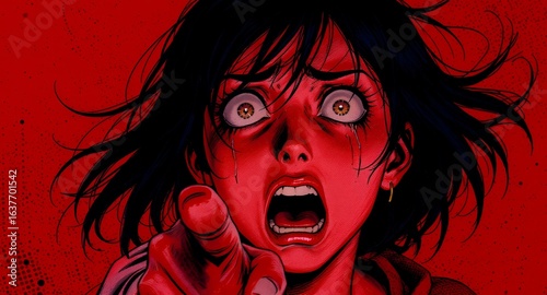 Intense Red Anime Girl, Screaming, Pointing Finger, Dramatic Art, Digital Painting