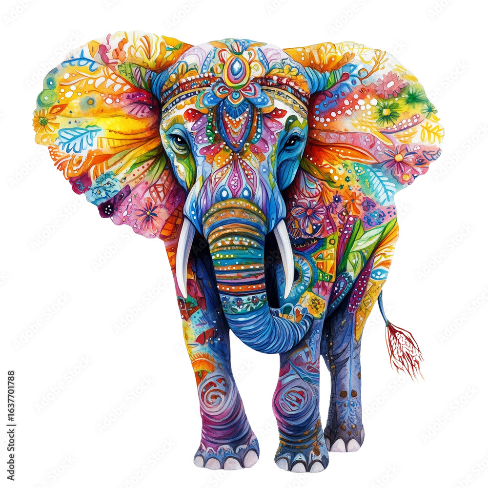 Obraz premium A vibrant, colorfully painted elephant standing proudly on transparent png background. Ai generated