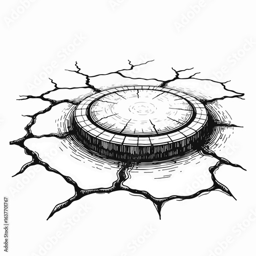 Drought-stricken land with circular water source.  Dry cracked earth surrounds small pool of water.  Central water source in parched landscape.  Image ideal for environmental awareness campaigns.