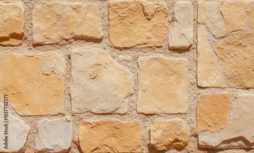 Close-up of a rustic stone wall with warm beige and tan hues.
