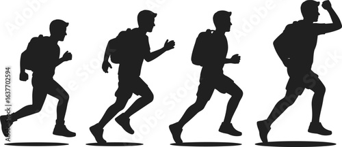 Silhouette, running, backpack, motion, stages, vector, black, athlete, dynamic, stride, speed, progression
