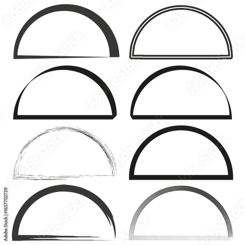 Half circle frames. Arched grunge borders. Round distressed design. Vector decorative set.