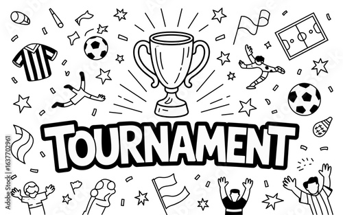 Hand drawn sports tournament doodles with trophy and whistle