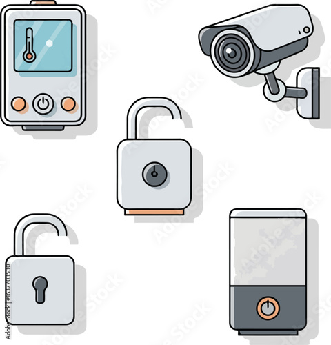 A collection of smart home and security devices including a thermostat, camera, and unlocked padlocks.