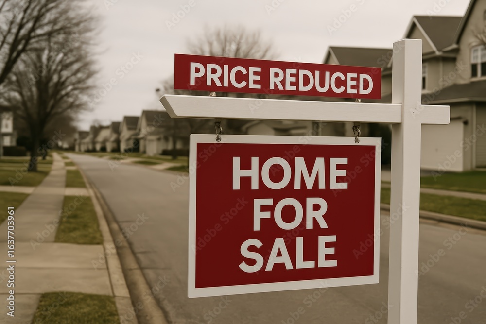 Home for Sale with Price Reduced Sign in Suburban Neighborhood Home for Sale with Price Reduced Sign in Suburban Neighborhood