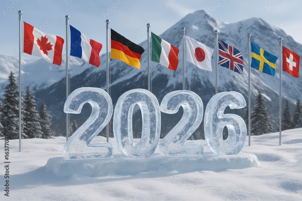 custom made wallpaper toronto digital2026 Year in Ice Sculpture with International Flags in Winter Landscape