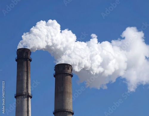 Two industrial smokestacks billow white smoke against a clear blue sky