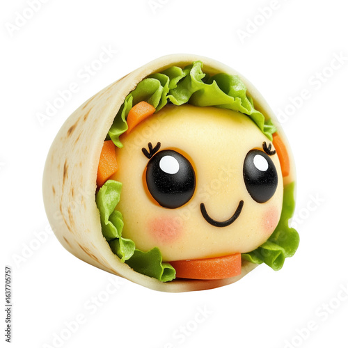 Burrito bowl ingredients spilling from an open tortilla wrap on transparent png background. Ai generated