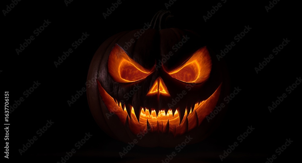 Fototapeta premium Spooky Halloween Jack-o-lantern Glowing Evil Pumpkin for Decorations