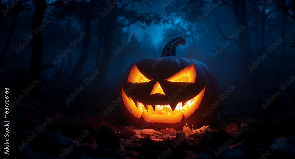 Fototapeta premium Spooky Halloween Jack-o-lantern in Dark Forest - Perfect for Autumn Decorations