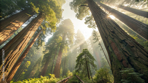 Looking up at the majestic giant sequoia trees in the national park on a sunny day, Ancient redwood tree canopy with sunlight.
