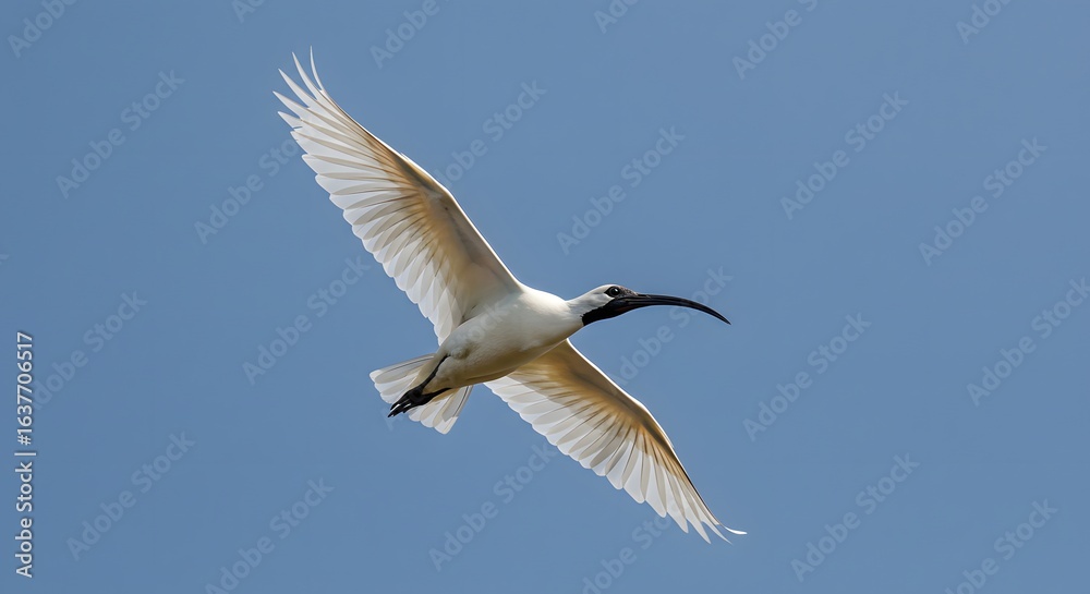 Obraz premium Elegant white ibis with black markings on its head flying gracefully with wings spread wide against a vast and clear bright blue sky.