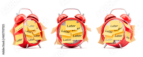 Фотография Red alarm clocks covered with sticky notes reading Later symbolizing procrastination concept on white background
