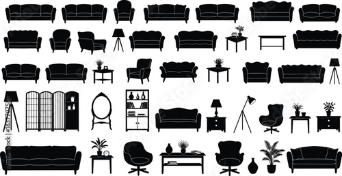 furniture, silhouette, sofa, chair, lamp, table, plant, decor, interior, home, design, shelf, mirror, screen, icon, furniture silhouette, modern sofa, stylish chair, decorative lamp, potted plant, int