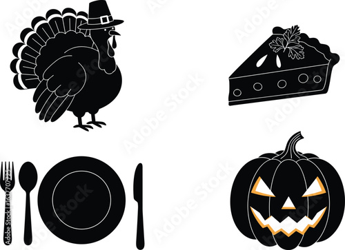 Thanksgiving turkey icon, pumpkin pie slice, jack-o'-lantern face, dining set utensils, festive holiday symbols, autumn celebration, fall seasonal decorations