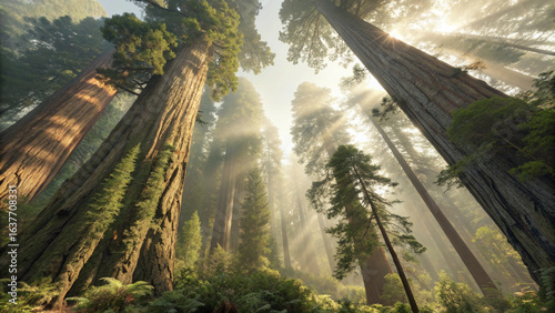 Looking up at the majestic giant sequoia trees in the national park on a sunny day, Ancient redwood tree canopy with sunlight.