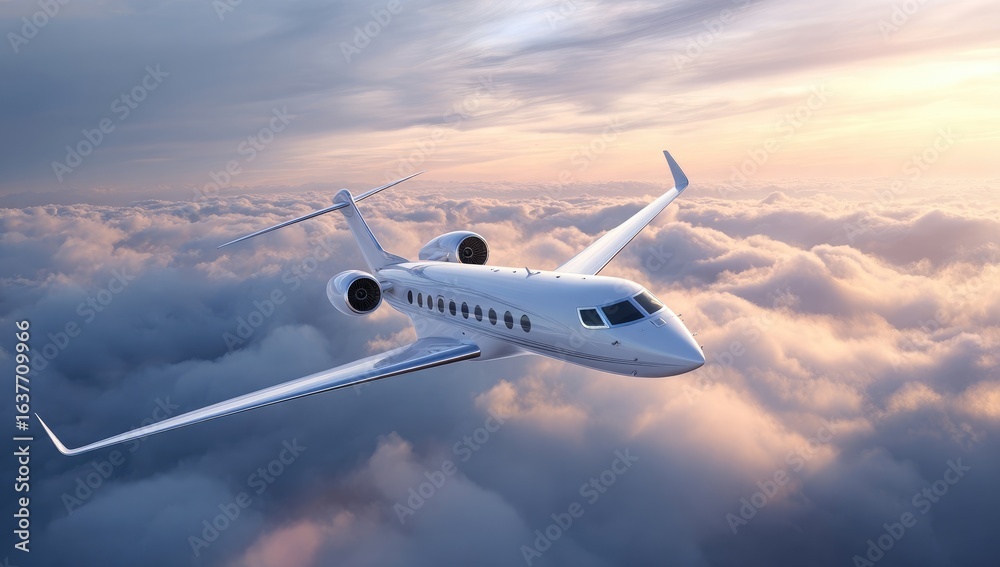 Naklejka premium White jet plane soars above fluffy clouds at sunset
