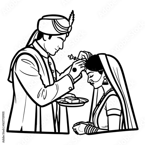 Minimal Hindu Wedding Groom Applying Sindoor Ceremony Vector Illustration