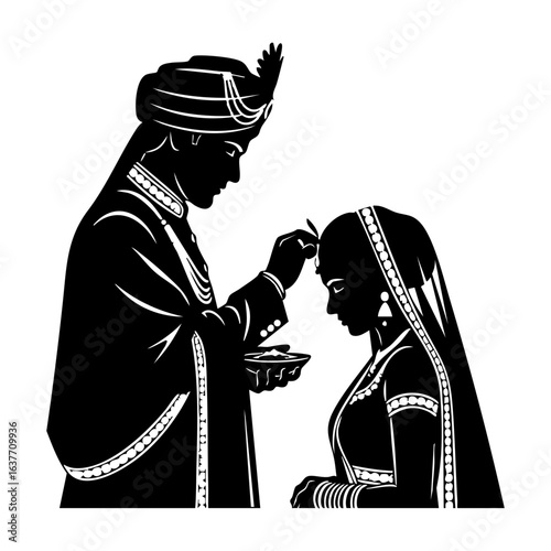 Minimal Hindu Wedding Groom Applying Sindoor Ceremony Vector Illustration