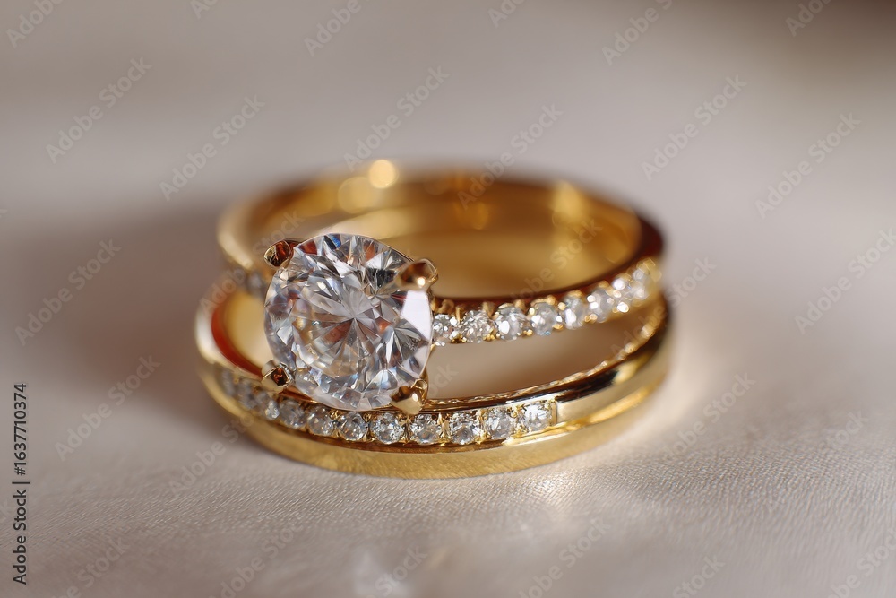 Elegant gold rings with a large diamond and smaller stones, perfect for engagement or wedding ceremonies Elegant gold rings with a large diamond and smaller stones, perfect for engagement or wedding ceremonies