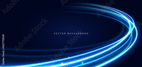 Blue light glowing  curved rays on dark background. Futuristic speed line, techology wireless data communication concept.
