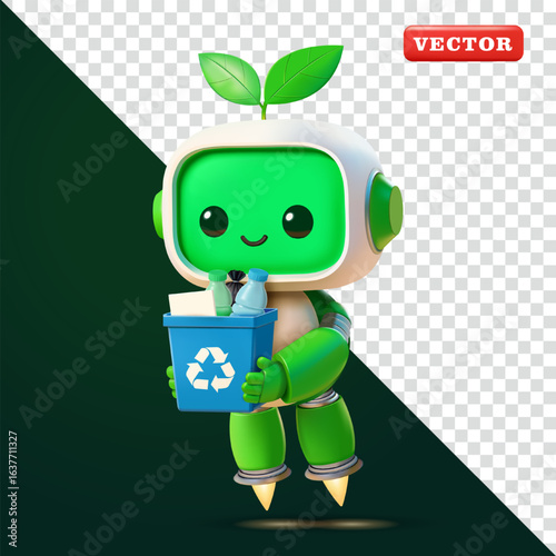 Cute robot holding a recycling bin, 3d vector. Suitable for the environment and green energy