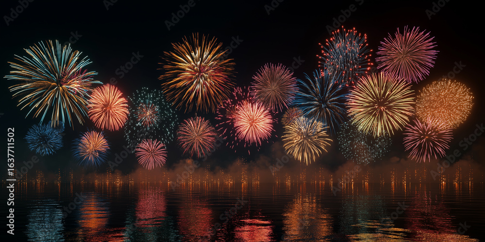 Obraz premium 夜空を彩る鮮やかな日本の花火大会の光景。海面に映り込む花火の反射が幻想的で、夏祭り、夜景、イベント、観光、風景、季節、ポスター、広告、SNS、壁紙、カレンダーなど幅広く使える華やかな作品。