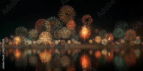 夜空を彩る鮮やかな日本の花火大会の光景。海面に映り込む花火の反射が幻想的で、夏祭り、夜景、イベント、観光、風景、季節、ポスター、広告、SNS、壁紙、カレンダーなど幅広く使える華やかな作品。