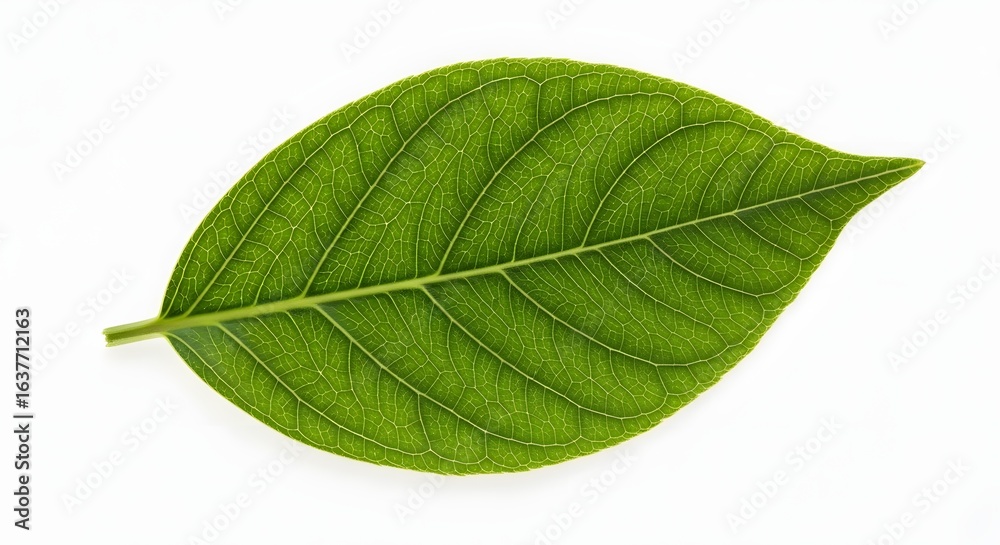 Obraz premium Vibrant Green Leaf on White Background, Symbolizing Nature's Freshness, Growth, and Environmental Purity for Health and Organic Themes