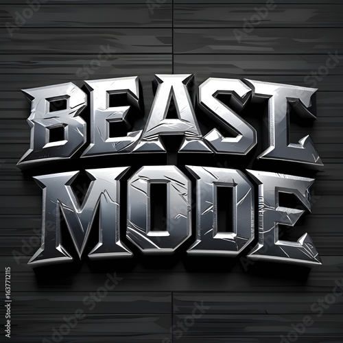 Strong and aggressive text logo “BEAST MODE” with metallic silver effect, 3D embossed style, transparent PNG
