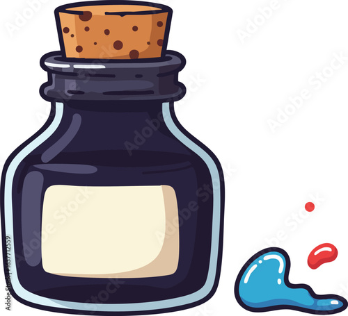 Ink bottle with cork stopper and spilled blue ink drops vector illustration isolated on white background