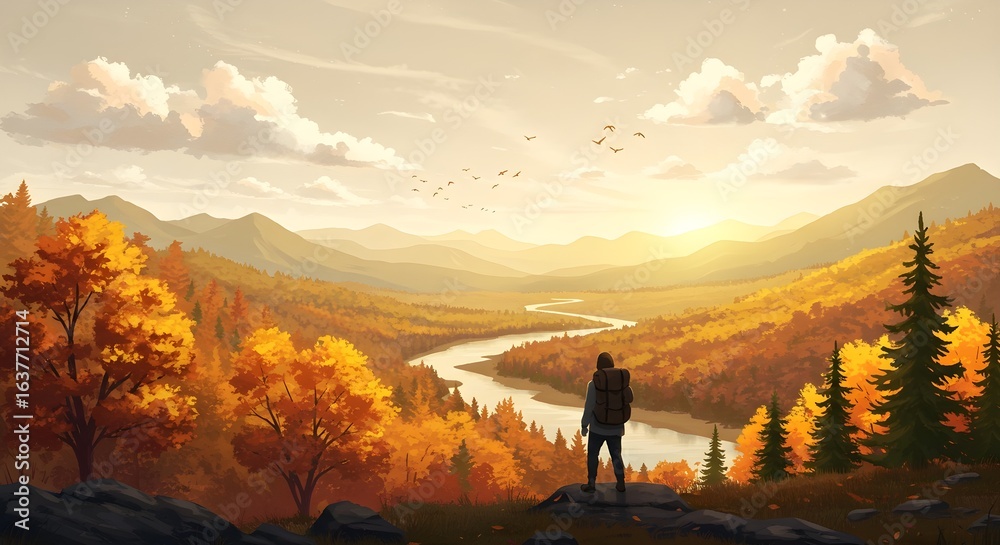 Fototapeta premium a traveler with a backpack on an autumn hike