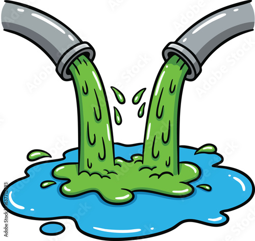 Industrial toxic green liquid flowing from two pipes into blue puddle vector illustration 