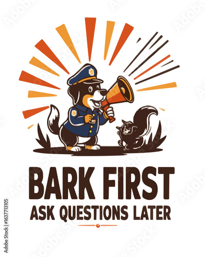 Cartoon police pup yelling at squirrels with megaphone, humorous parody