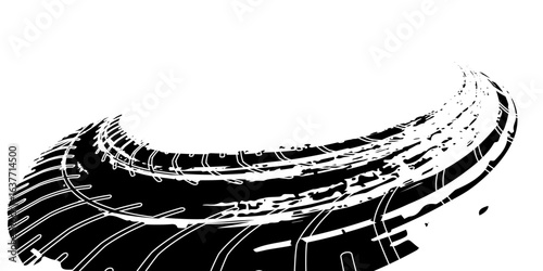 Tire tread marks, wheel textures, tire marks - car racing, motocross, drift, rally, off-road and others. Vector black isolated texture in grunge style with splashes.