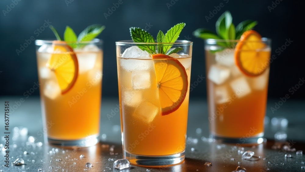 Fototapeta premium Three refreshing orange cocktails garnished with orange slices and mint
