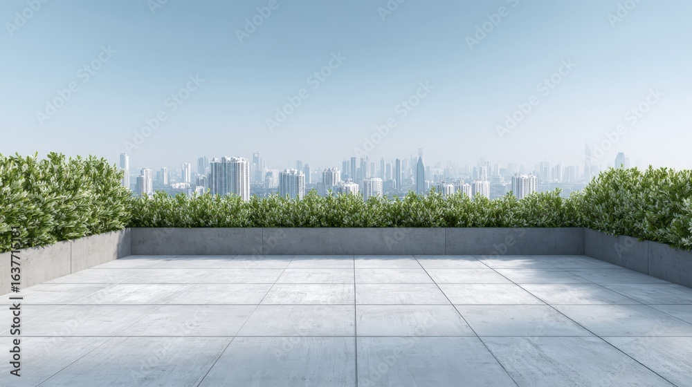 Fototapeta premium Rooftop Terrace with Cityscape View: Modern Urban Balcony with Greenery and Concrete Tiles on a Sunny Day
