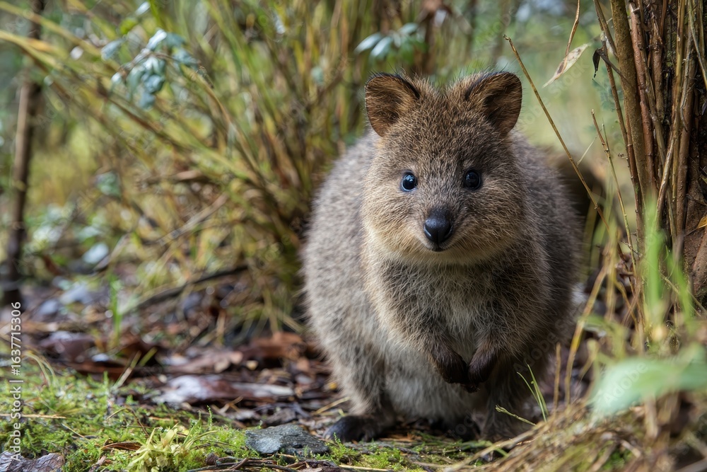 Naklejka premium Quokka explores the lush environment in Australia during a sunny afternoon